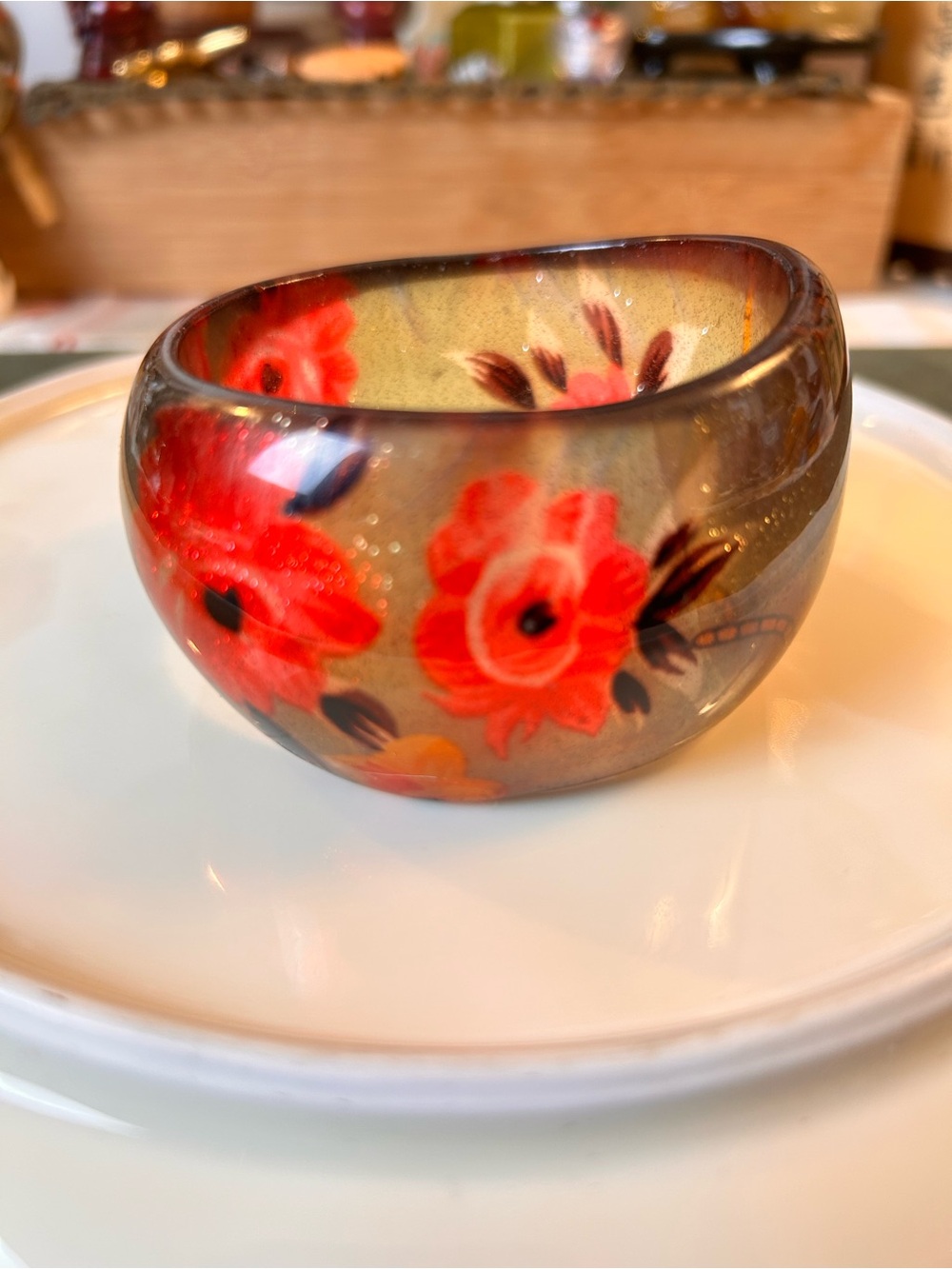 Vintage chunky reverse-carved and painted Lucite bangle, asymmetrical florals